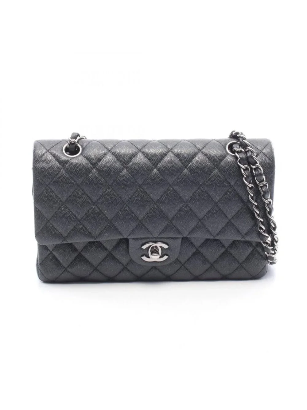 Chanel Shoulder Bag Quilted Double Flap Lame Black Caviar Leather Chain